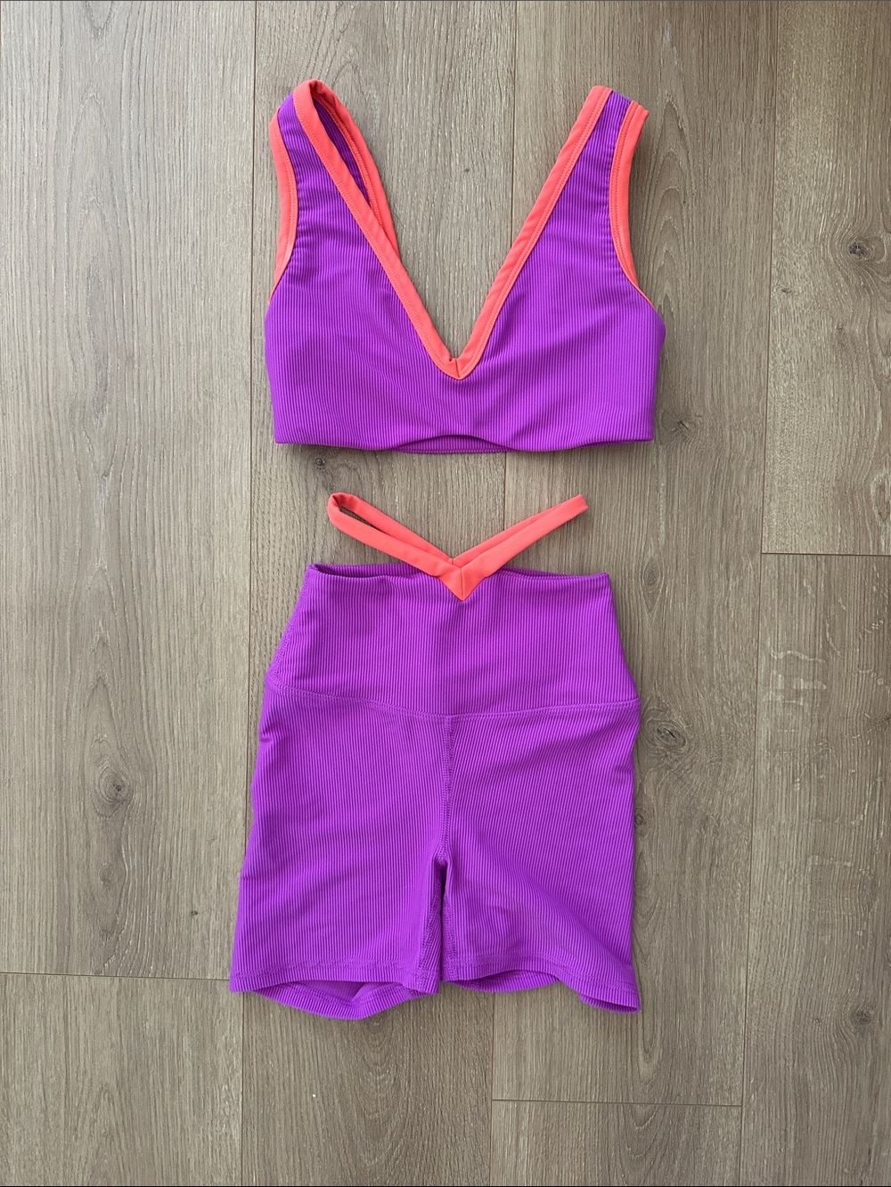 FIVE Dancewear Purple & Coral Ribbed V‑Neck Bralette Set